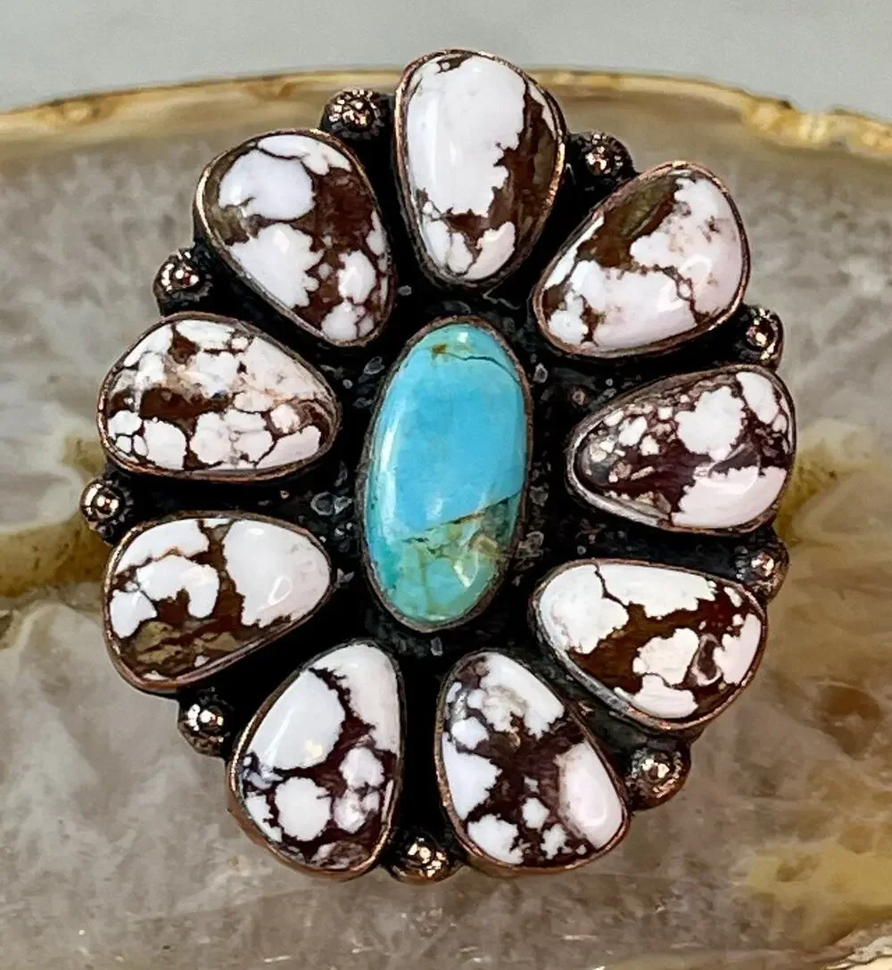 Southwestern Mojave Turquoise Wild Horse Copper Cluster Statement Ring Adjust Sz